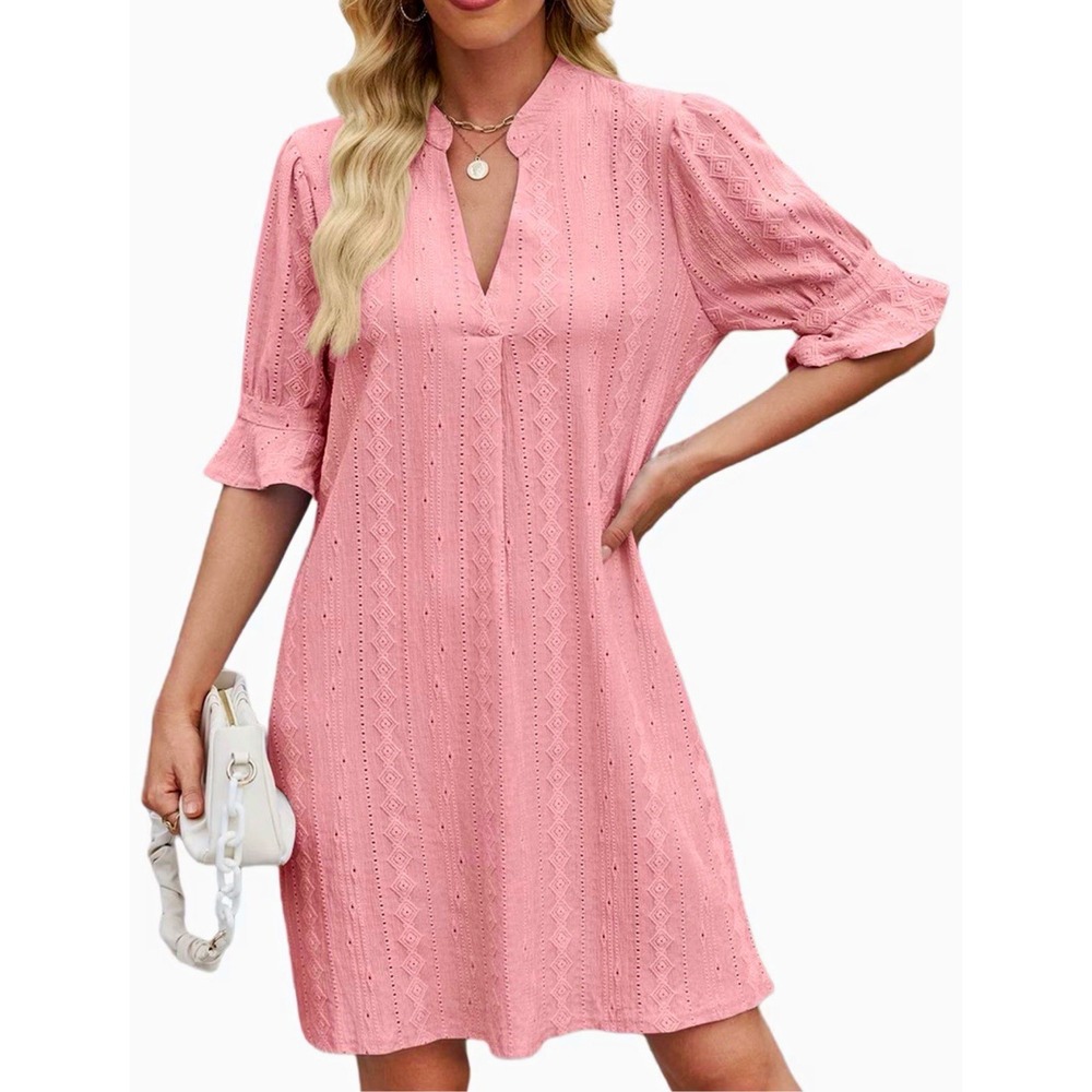 UVN Pink Eyelet V-Neck Shift Dress 3/4 Ruffle Sleeve Short Size L